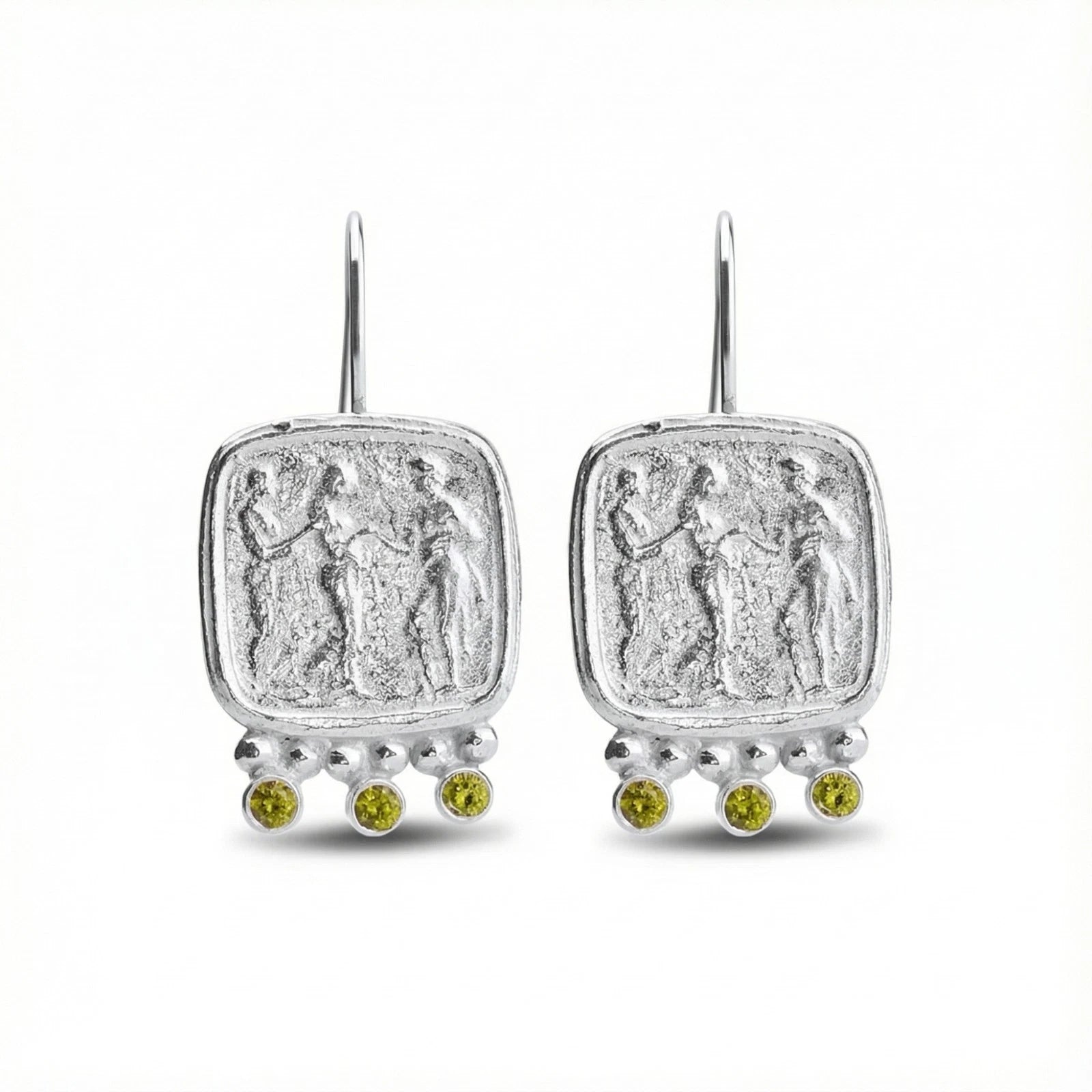 Handmade peridot Roman coin earrings in 925 silver by Sultan
