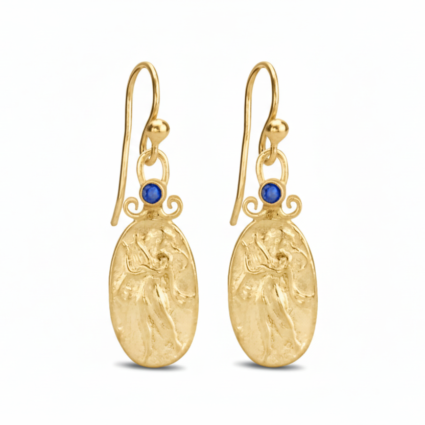 Handmade Turkish artisan Roman lyre gold coin earrings with ancient art design