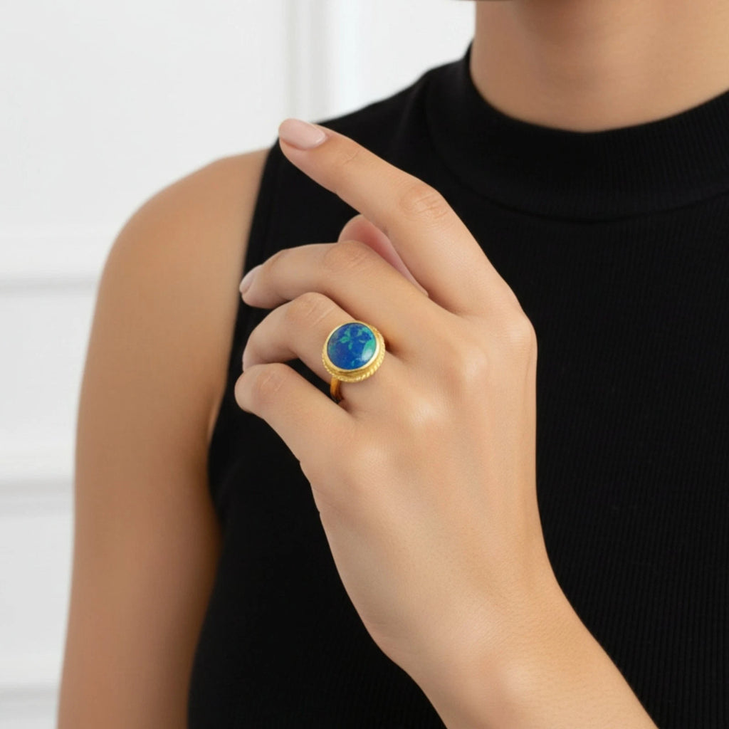 Hammered gold-plated turquoise ring detail, ancient artisan design, protection symbol jewelry from Turkey