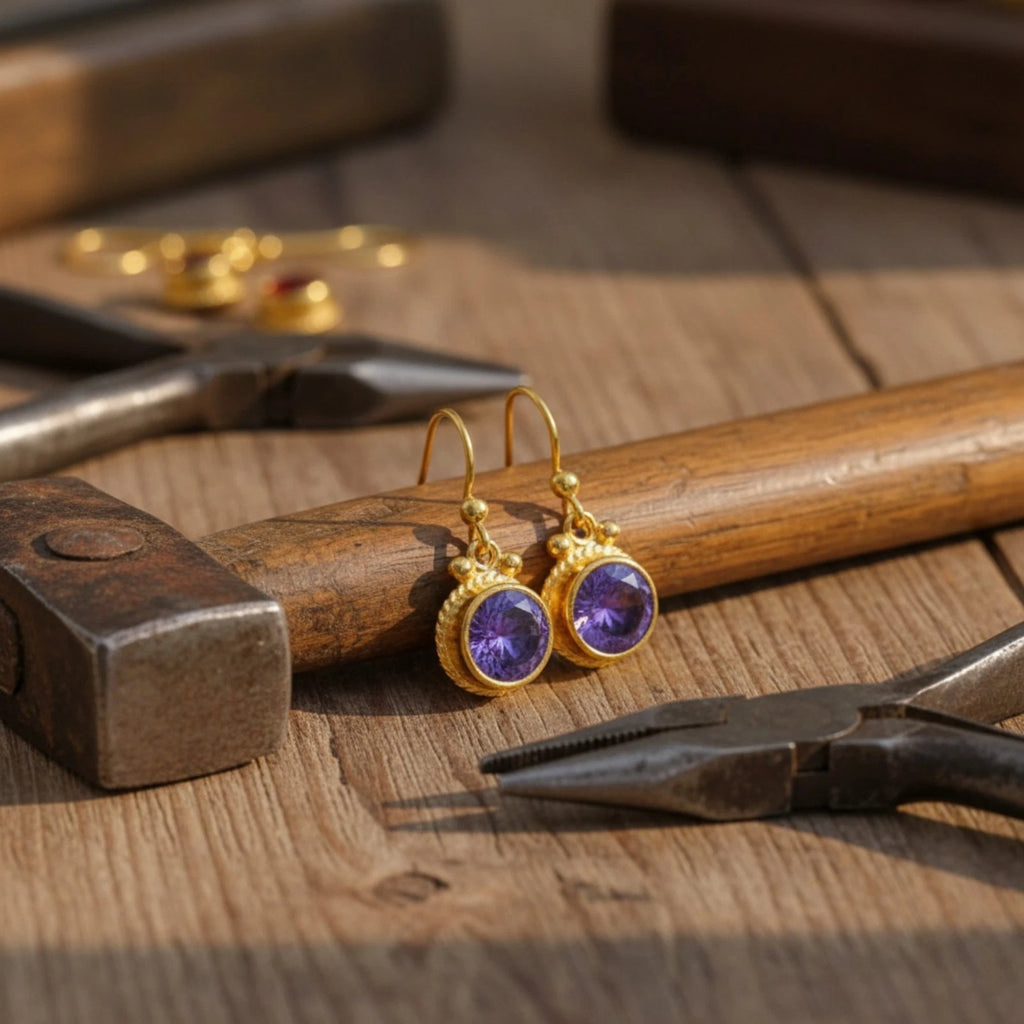 925 silver Amethyst dainty earrings featuring purple gemstone by artisan Sultan, Bodrum Turkish jewelry with timeless elegance and Anatolian heritage
