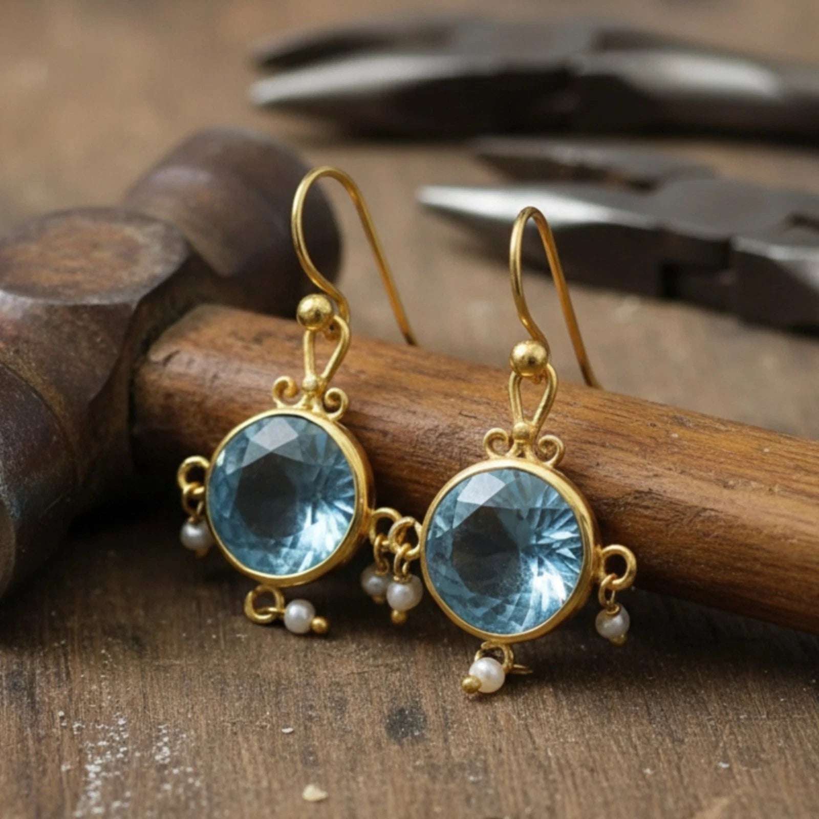 925 silver Blue Topaz and Pearl earrings featuring vibrant blue gemstone by artisan Sultan, Bodrum Turkish jewelry with timeless elegance

