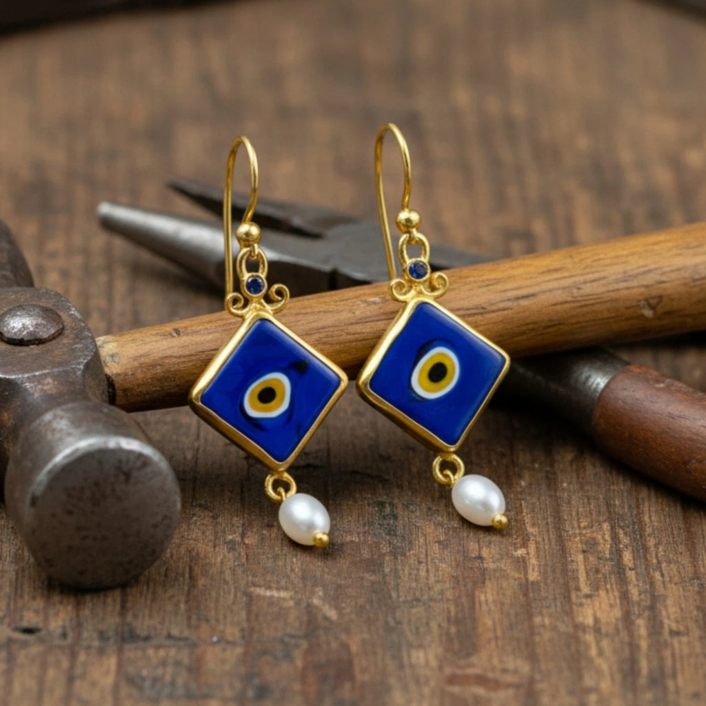 Gold plated Turkish Eye earrings with Iolite Pearl stones, unique artisan jewelry gift from AtelierSultan Bodrum