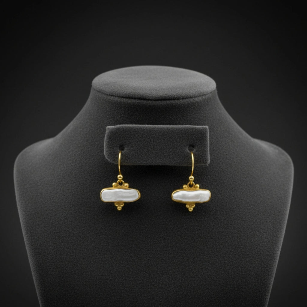 925 silver Freeform Pearl dangle earrings featuring unique organic shape by artisan Sultan, Bodrum Turkish jewelry with timeless elegance and Mediterranean warmth