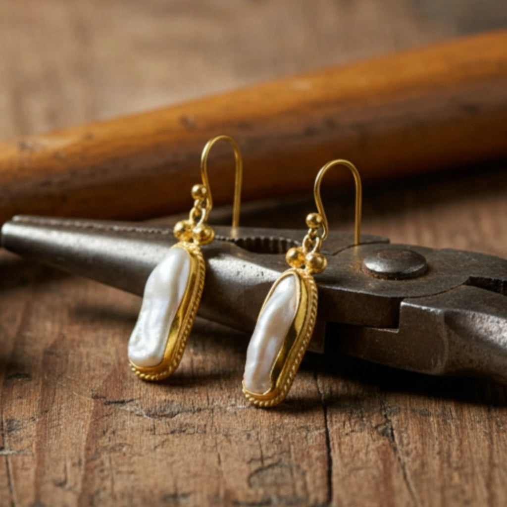 925 silver Freeform Pearl dangle earrings featuring unique organic shape by artisan Sultan, Bodrum Turkish jewelry with timeless elegance
