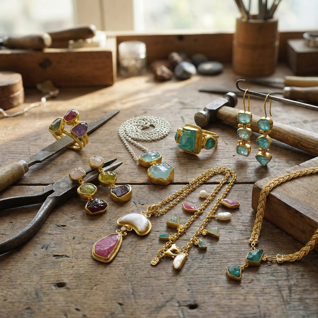 Close-up of artisan Sultan collection showing ancient Roman-inspired design with 24k gold plating and natural gemstones