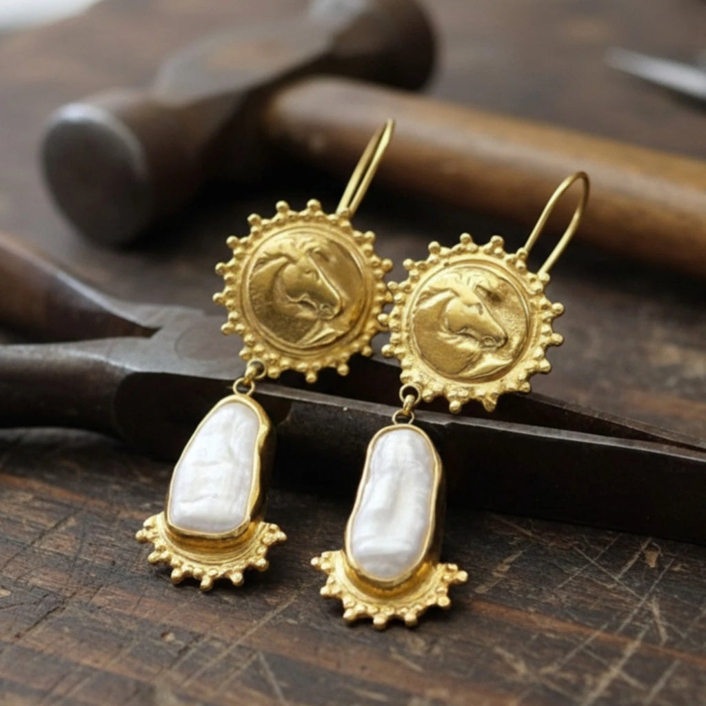 925 silver Horse Coin and Pearl earrings featuring ancient Roman design by artisan Sultan, Bodrum Turkish jewelry with timeless elegance
