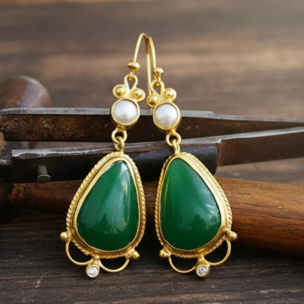 925 silver Jade and Pearl drop earrings featuring green gemstone by artisan Sultan, Bodrum Turkish jewelry with timeless elegance

