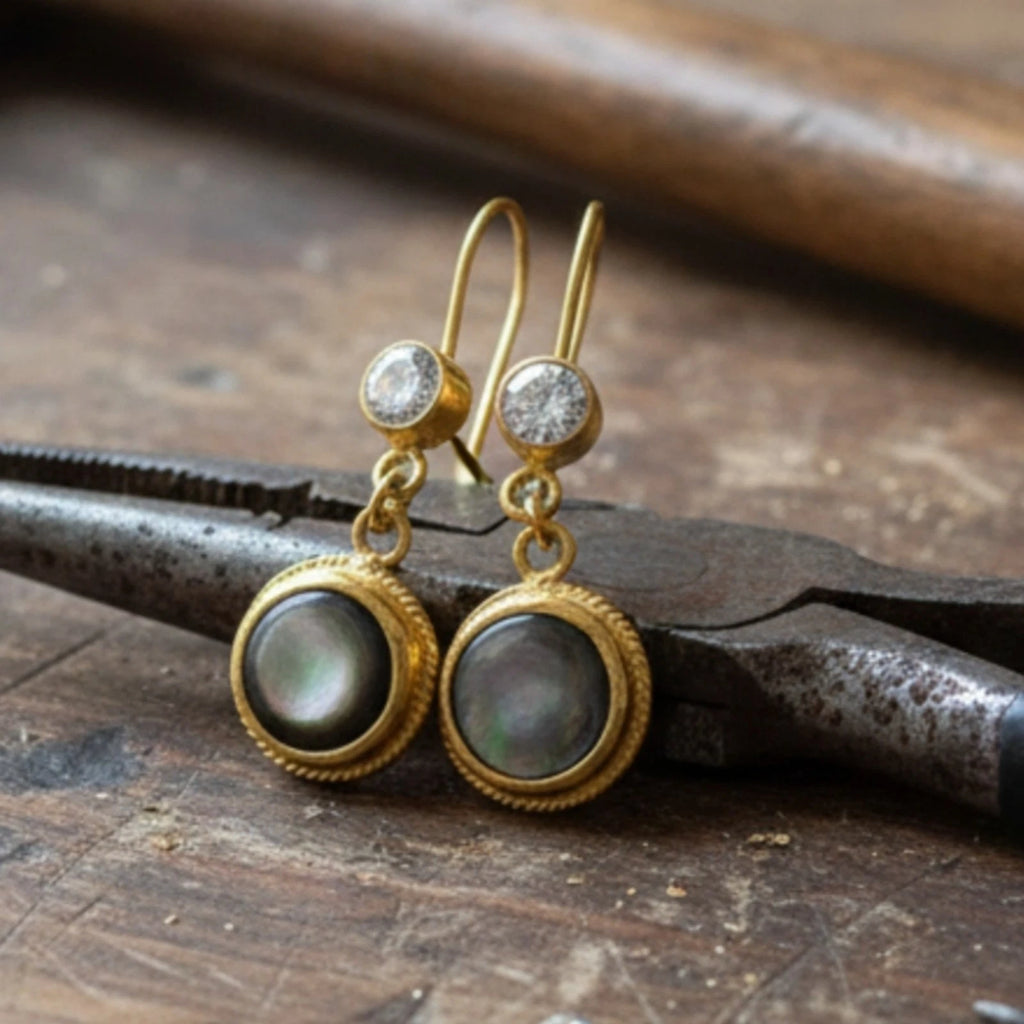 925 silver Mother of Pearl earrings featuring natural iridescence by artisan Sultan, Bodrum Turkish jewelry with timeless elegance

