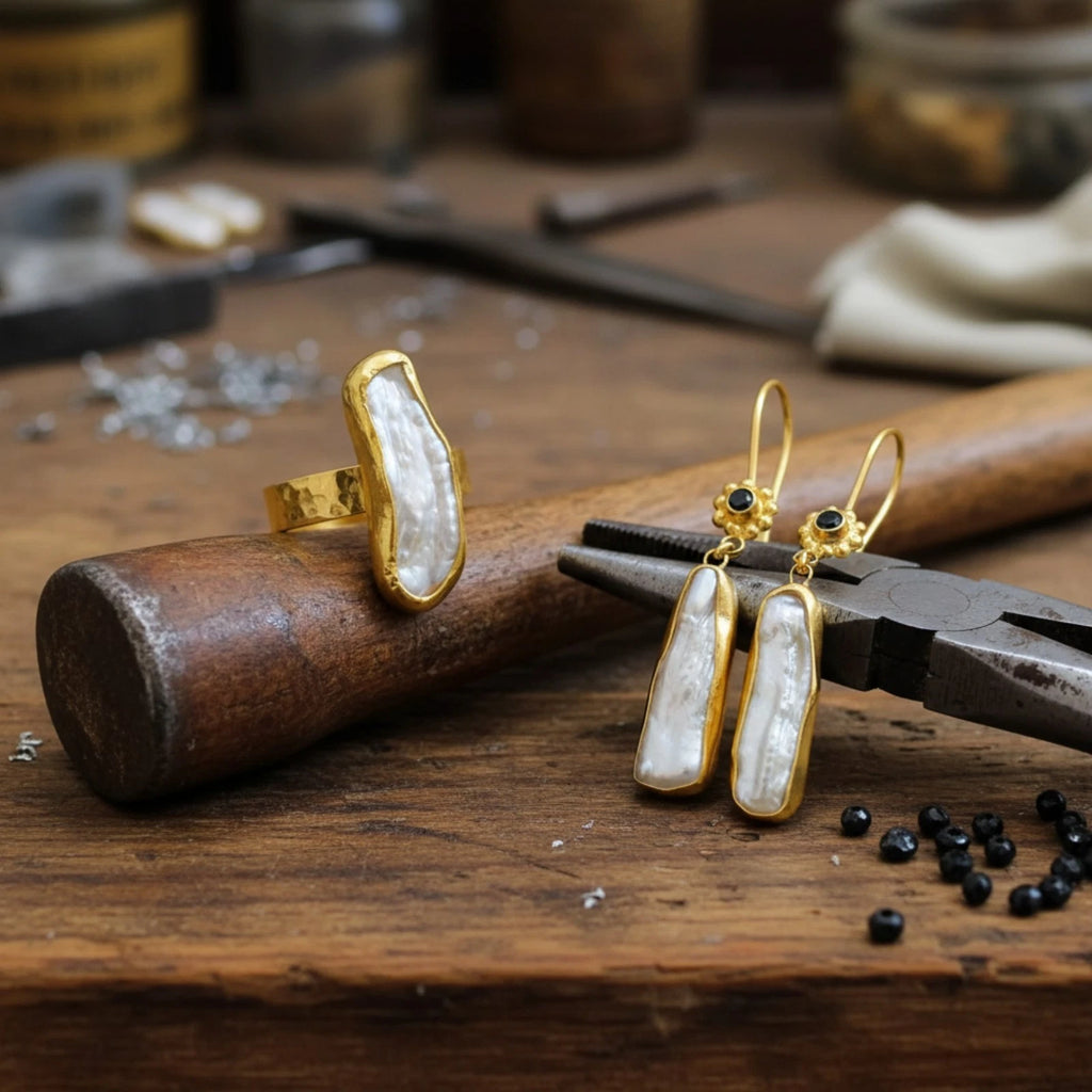 
925 silver Onyx Pearl earrings featuring ancient-inspired design by artisan Sultan, Bodrum Turkish jewelry