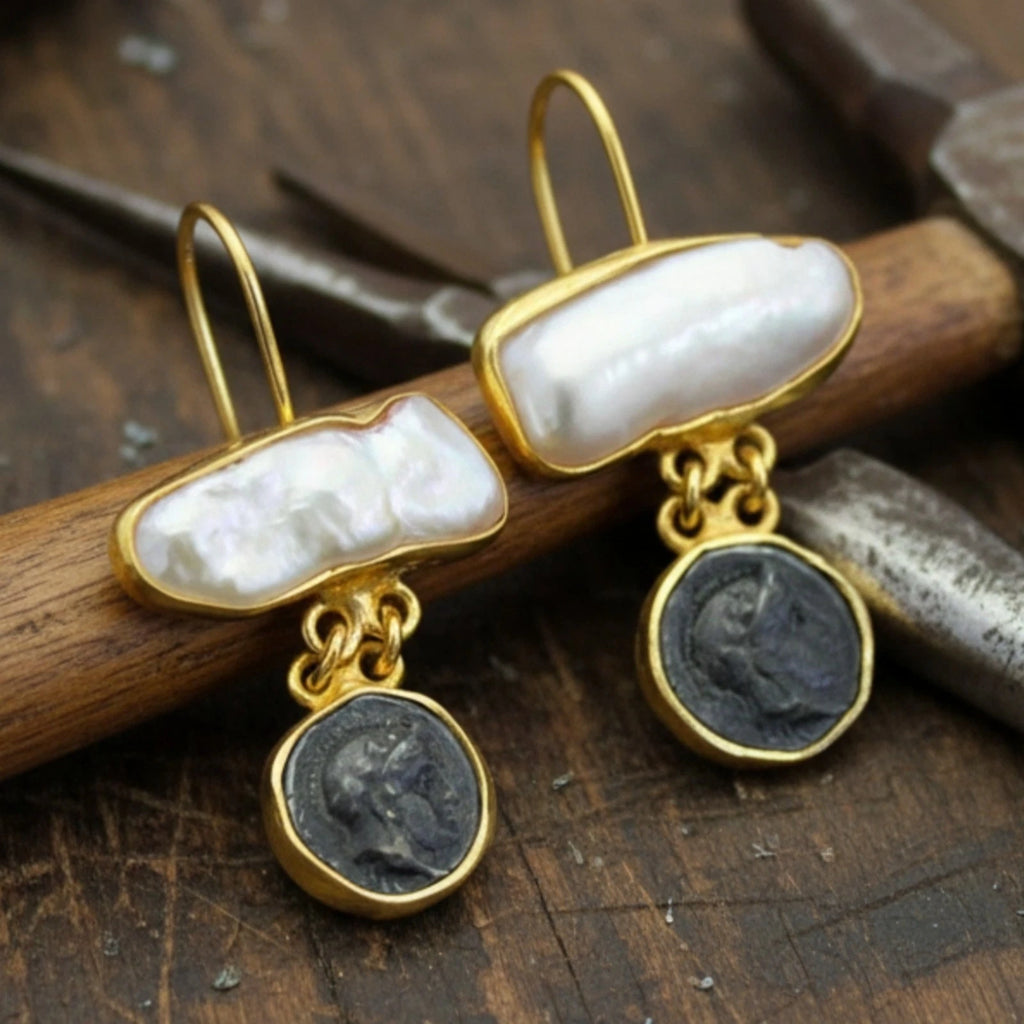 925 silver Pearl and Coin earrings featuring ancient Alexander motif by artisan Sultan, Bodrum Turkish jewelry with timeless elegance


