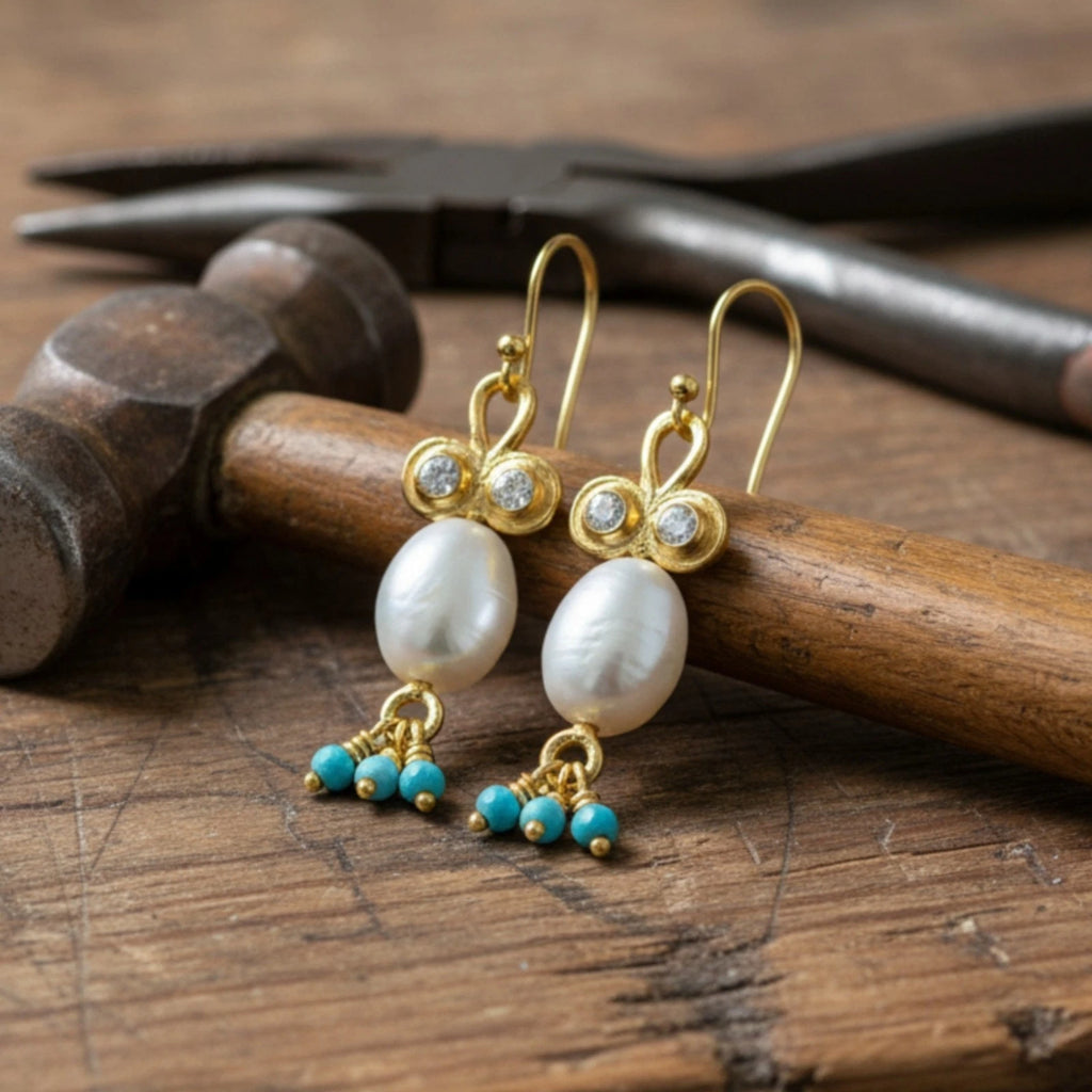 925 silver Pearl and Turquoise charm earrings featuring ancient-inspired design by artisan Sultan, Bodrum Turkish jewelry with timeless elegance
