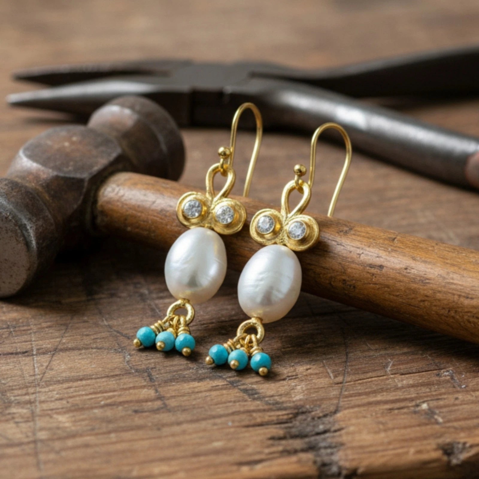 925 silver Pearl and Turquoise charm earrings featuring ancient-inspired design by artisan Sultan, Bodrum Turkish jewelry with timeless elegance
