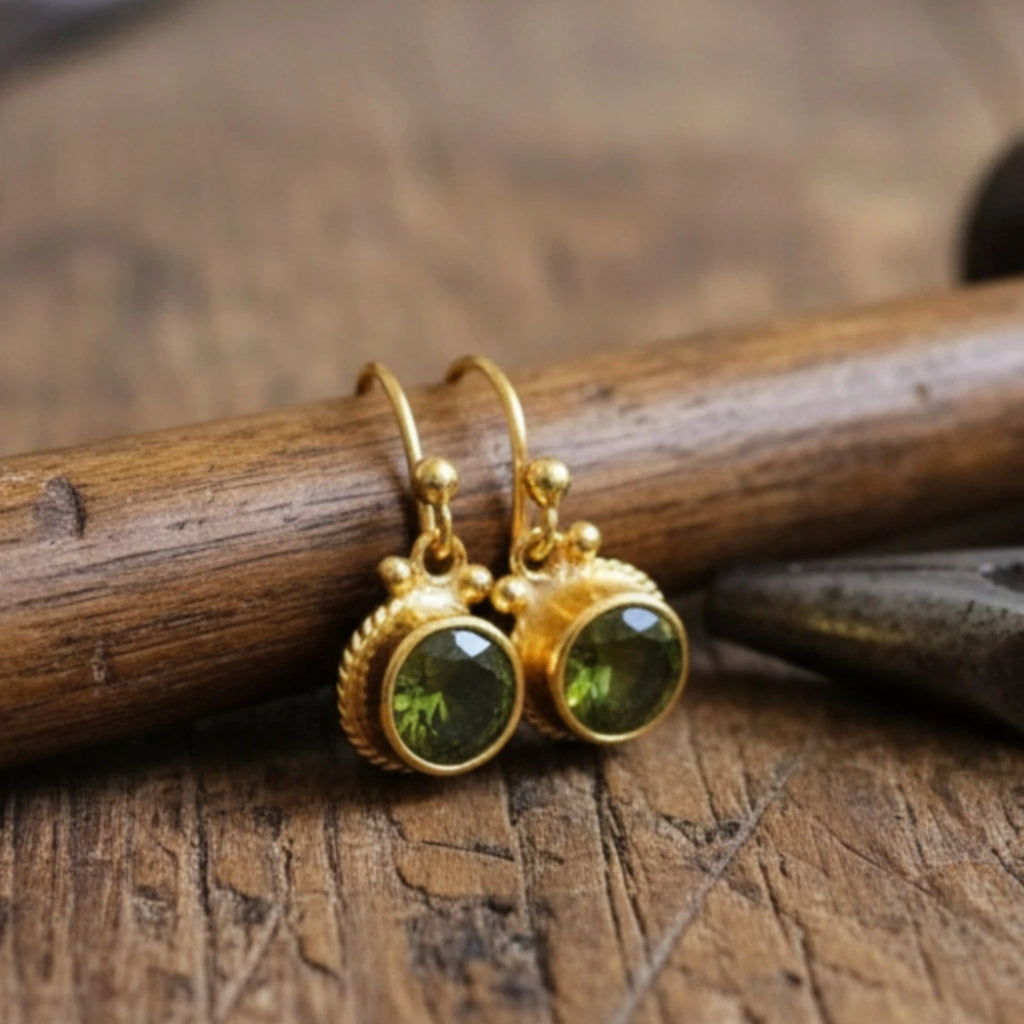 925 silver Peridot dangle earrings featuring vibrant green gemstone by artisan Sultan, Bodrum Turkish jewelry with timeless elegance
