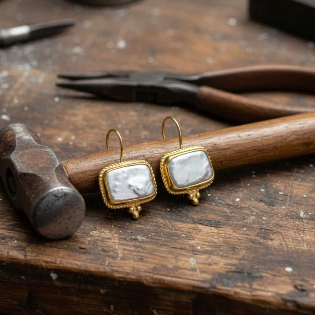 925 silver Rectangle Pearl earrings featuring natural iridescence by artisan Sultan, Bodrum Turkish jewelry with timeless elegance
