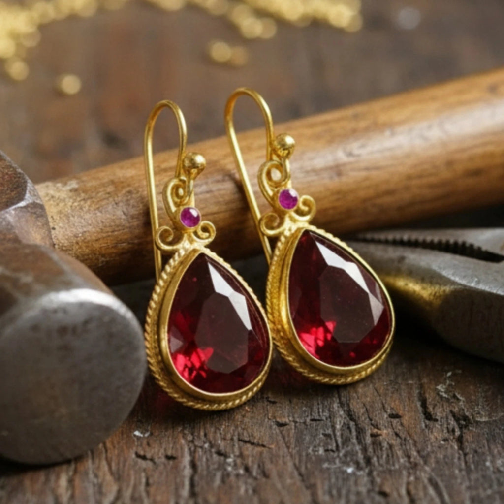925 silver Red Topaz drop earrings featuring vibrant gemstone by artisan Sultan, Bodrum Turkish jewelry with timeless elegance
