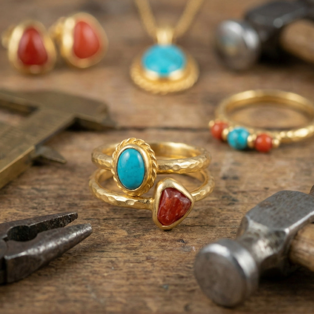 925 silver Ruby and Turquoise stack ring featuring ancient-inspired design by artisan Sultan, Bodrum Turkish jewelry with raw gemstone beauty
