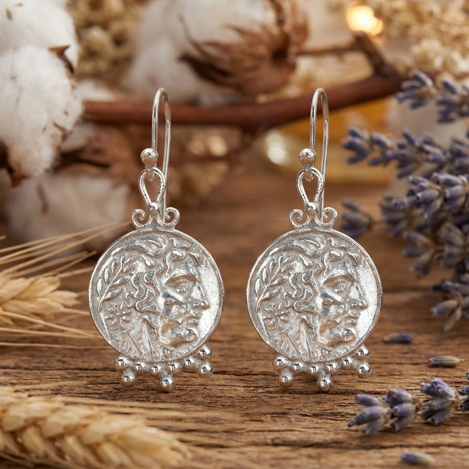 925 silver Alexander coin earrings handcrafted in Bodrum atelier
