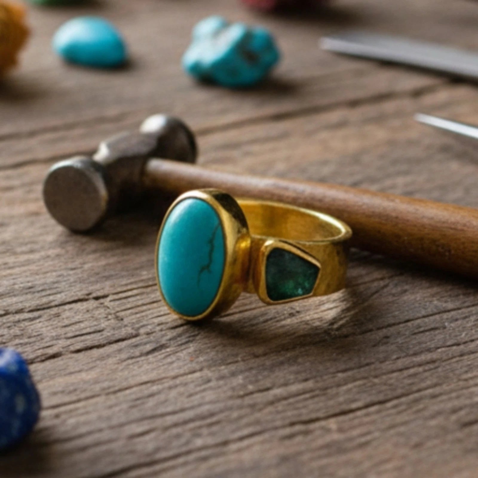 925 silver Turquoise raw blue apatite gemstone ring featuring ancient-inspired design by artisan Sultan, Bodrum Turkish jewelry with protection symbol