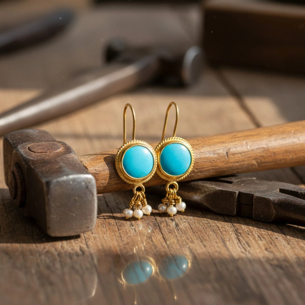 925 silver Turquoise and Pearl earrings featuring vibrant blue gemstone by artisan Sultan, Bodrum Turkish jewelry with timeless elegance