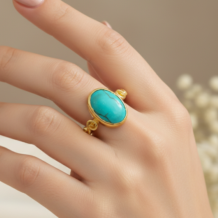 Artisan Turquoise ring with hammered texture, handmade by Sultan in Bodrum, Turkish designer jewelry with 925 silver