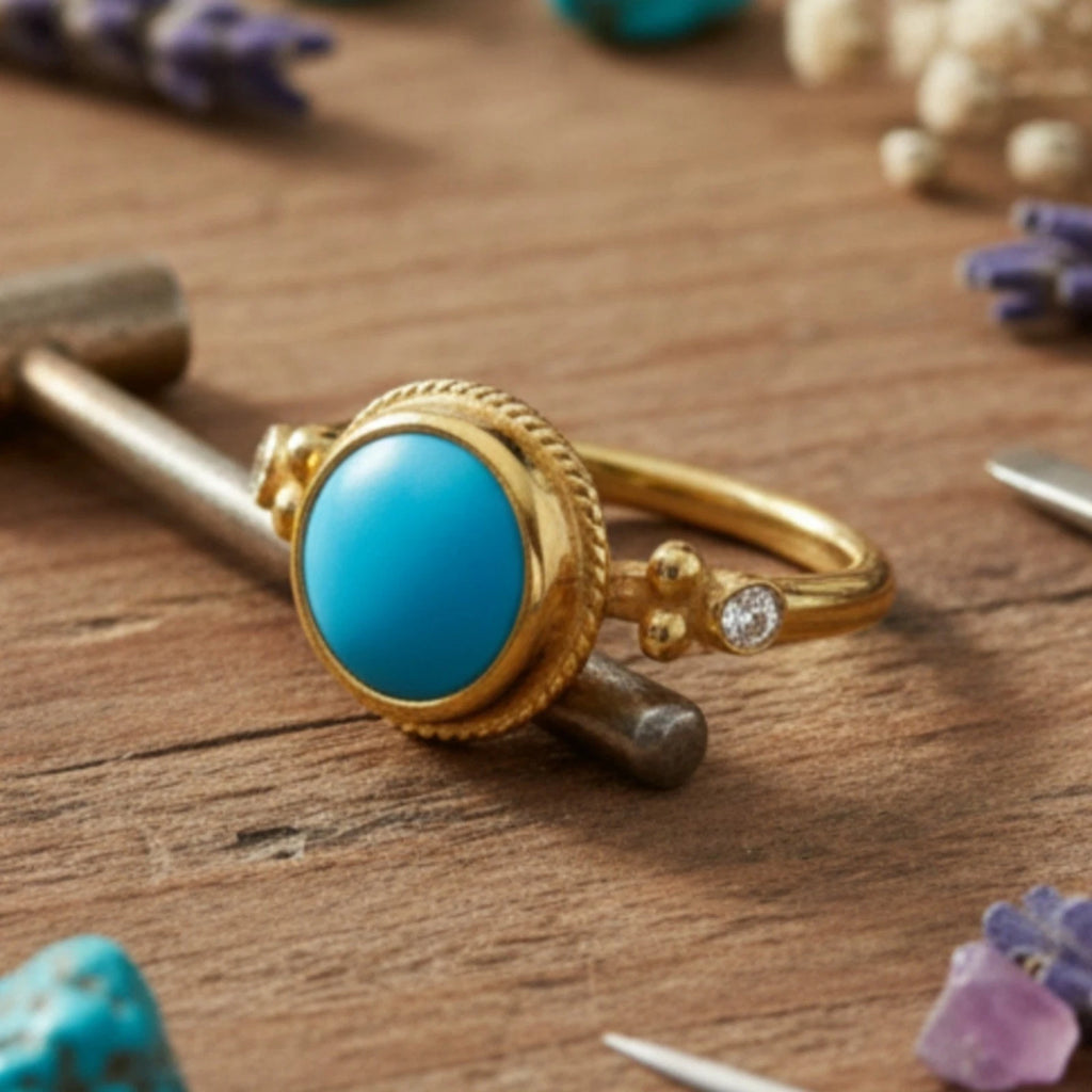 925 silver Turquoise ring featuring ancient-inspired design by artisan Sultan, Bodrum Turkish jewelry with protection symbol