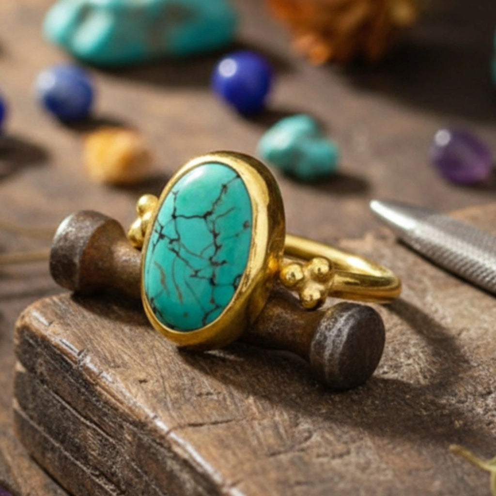 Designer Turquoise women ring from AtelierSultan Bodrum, handcrafted Turkish artisan jewelry with gold-plated 925 silver