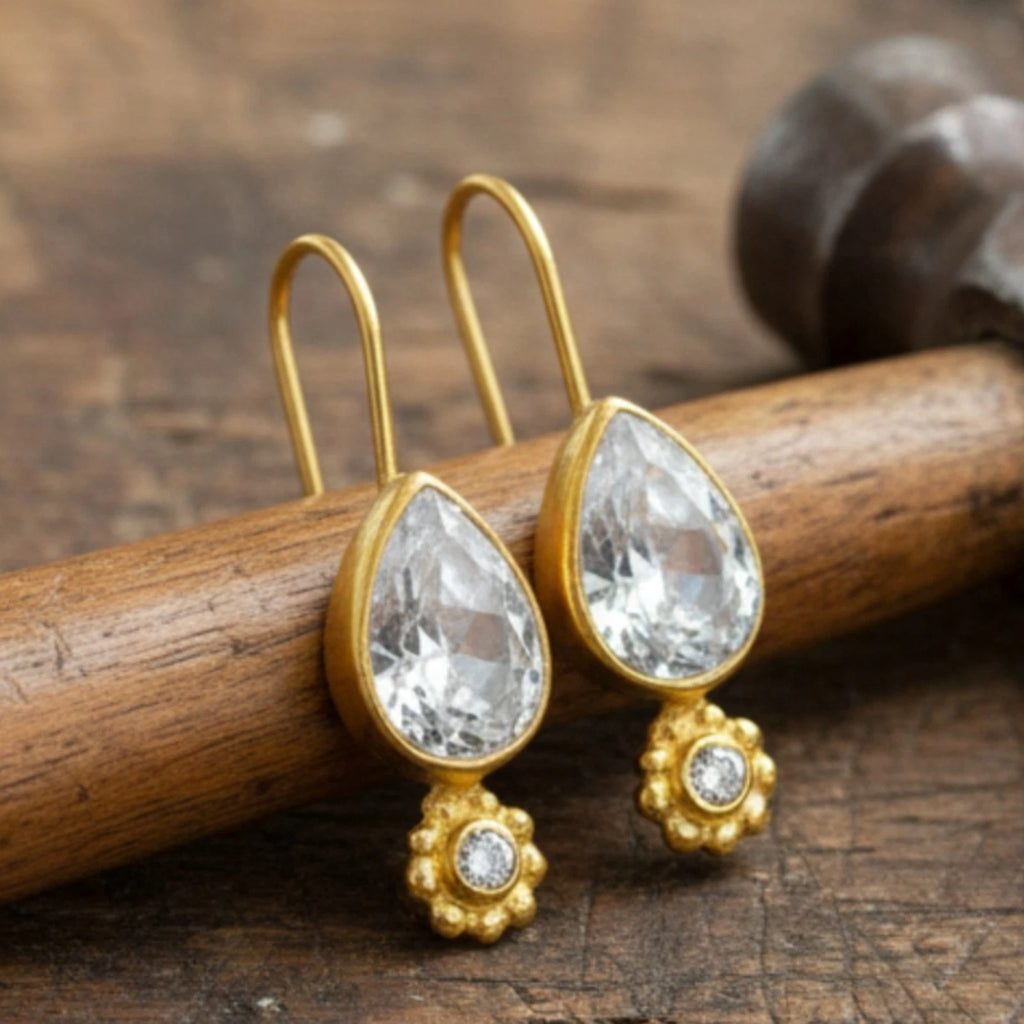 925 silver White Topaz dainty earrings featuring delicate design by artisan Sultan, Bodrum Turkish jewelry with timeless elegance and Roman heritage

