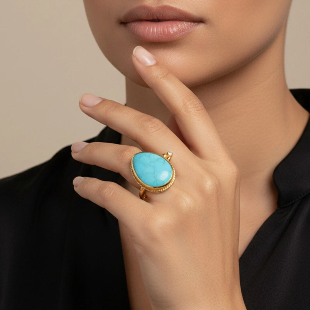 Turkish turquoise ring on hand, 925 silver with gold plating, artisan crafted protection jewelry