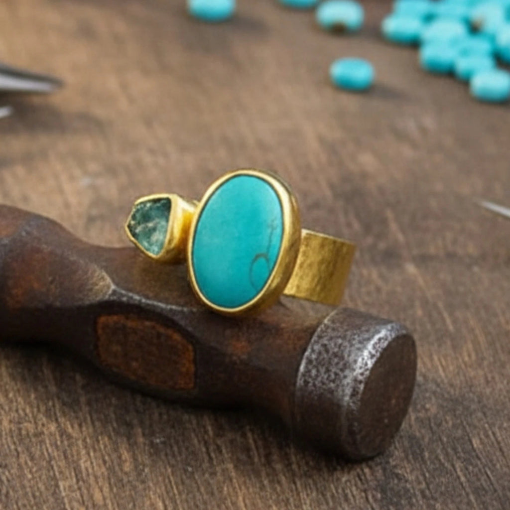 
Turkish Turquoise apatite wide band ring by designer Sultan Bodrum, 925 sterling silver handmade artisan jewelry gift with hammered style