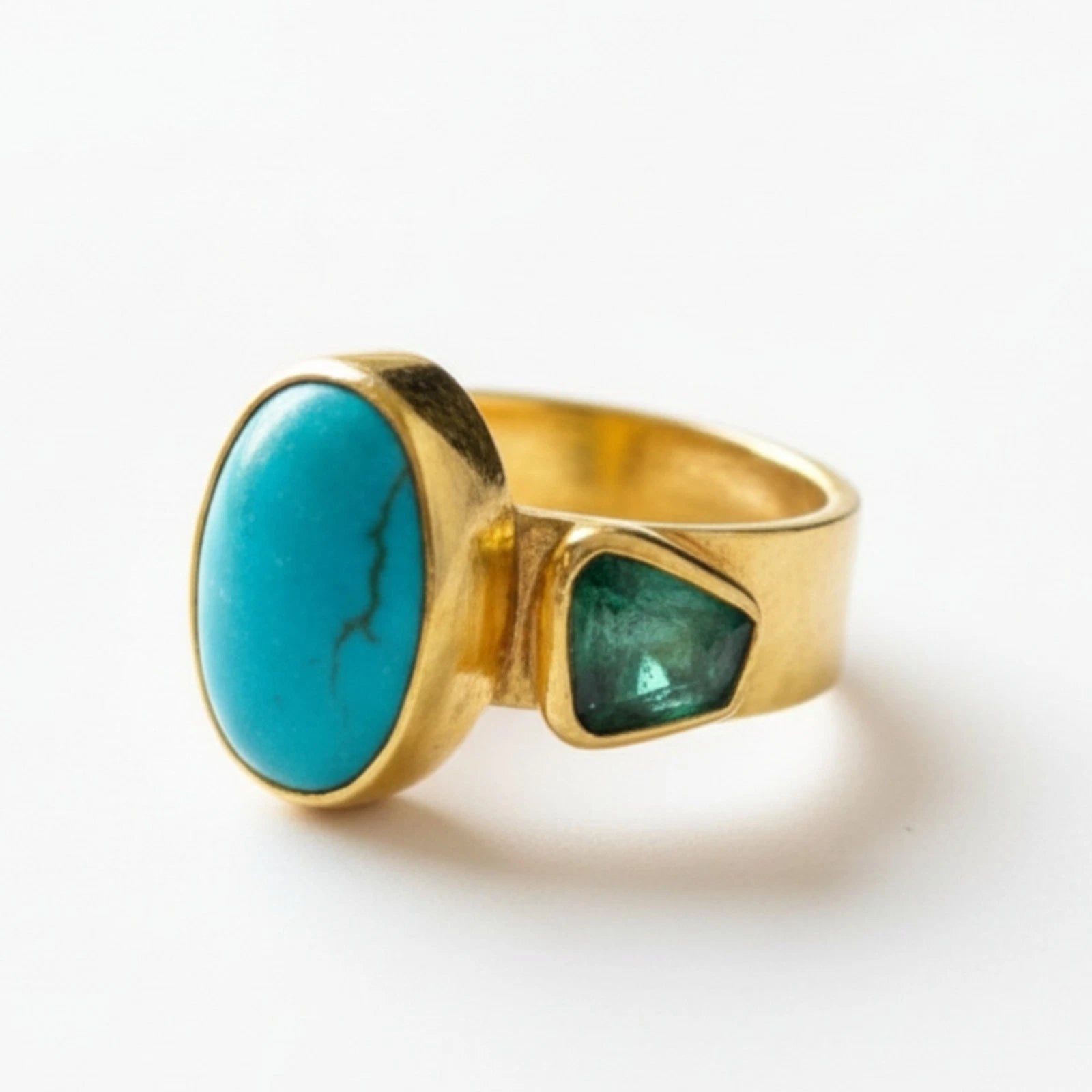 Turquoise and raw apatite ring handcrafted by designer Sultan in Bodrum atelier, 925 sterling silver with gold plating, Turkish jewelry