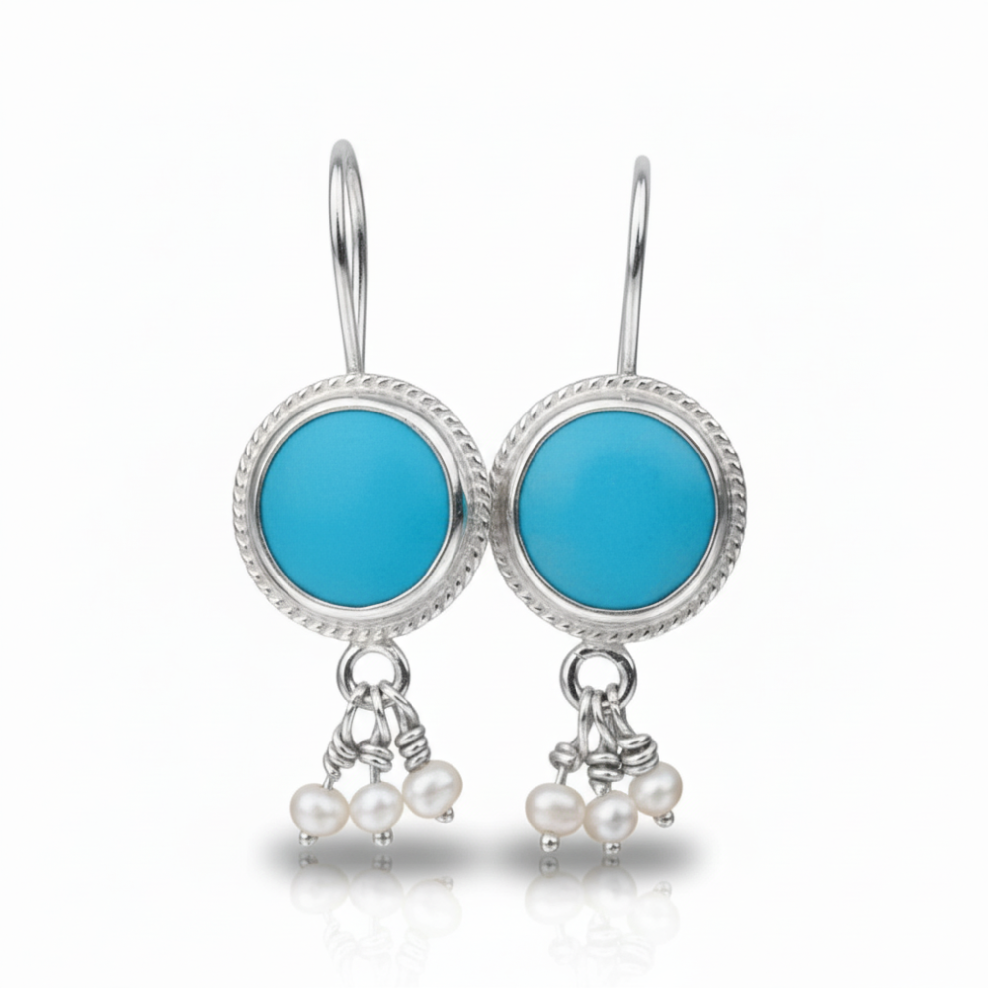 Turquoise and Pearl Charm earrings handcrafted by designer Sultan in Bodrum atelier, 925 sterling silver Turkish jewelry symbolizing protection and purity.

