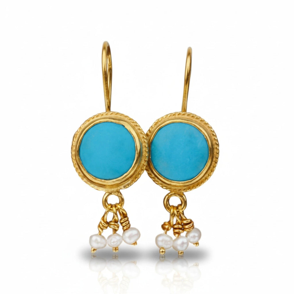 Turquoise and Pearl earrings handcrafted by designer Sultan in Bodrum atelier, 925 sterling silver Turkish jewelry symbolizing protection and purity
