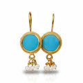 Turquoise and Pearl earrings handcrafted by designer Sultan in Bodrum atelier, 925 sterling silver Turkish jewelry symbolizing protection and purity
