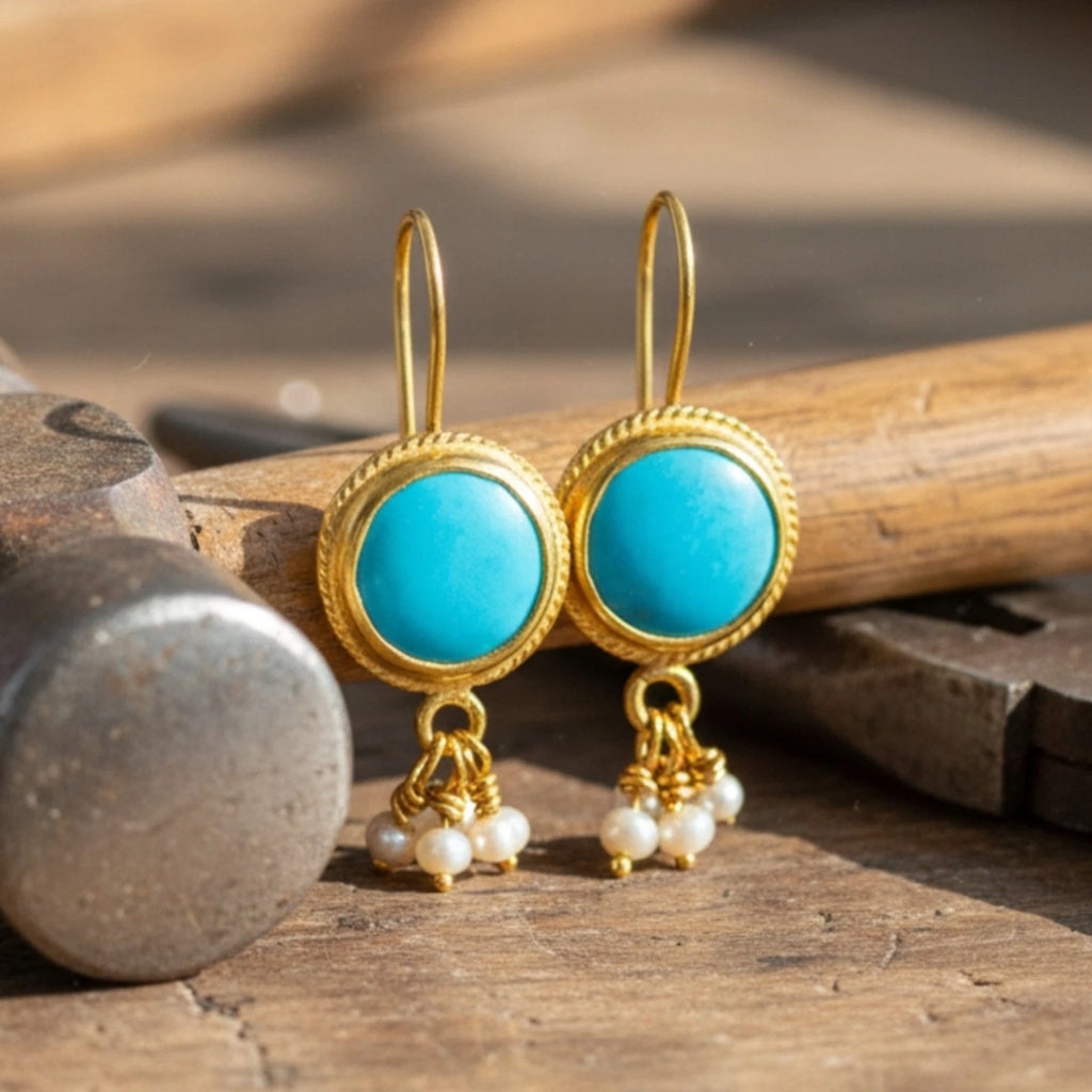 Turkish Turquoise and Pearl earrings by designer Sultan Bodrum, 925 silver handmade artisan jewelry gift with protection and purity symbols
