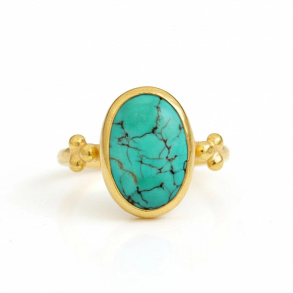 Turquoise and gold  ring handcrafted by designer Sultan in Bodrum atelier, 925 sterling silver with gold plating, Turkish jewelry