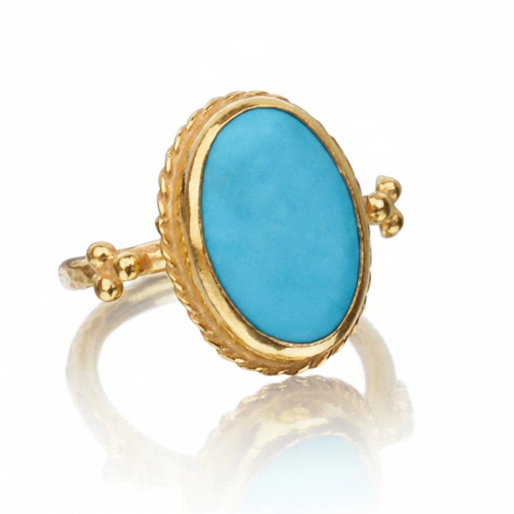 Turquoise and granulated ring handcrafted by designer Sultan in Bodrum atelier, 925 sterling silver with gold plating, Turkish jewelry
