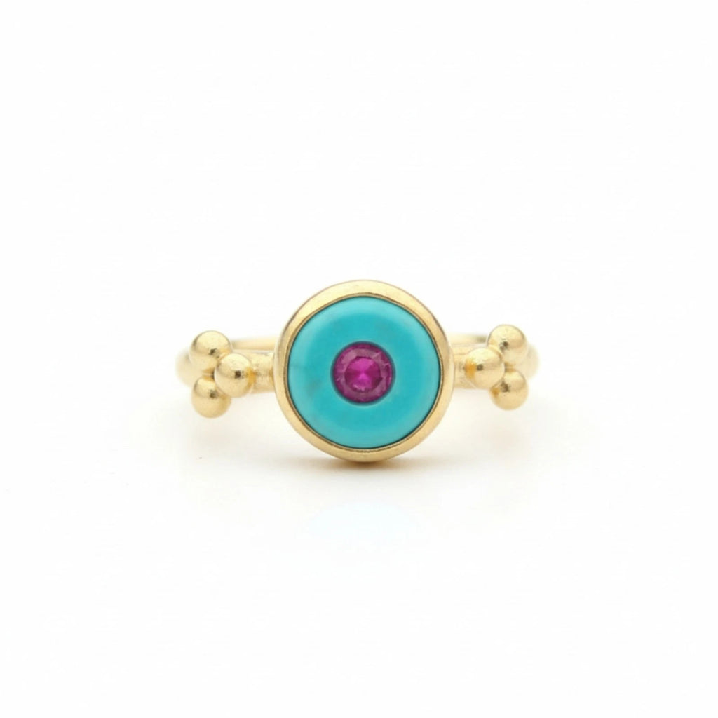 Turquoise and Ruby ring handcrafted by designer Sultan in Bodrum atelier, 925 sterling silver with gold plating, Turkish jewelry
