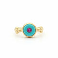 Turquoise and Ruby ring handcrafted by designer Sultan in Bodrum atelier, 925 sterling silver with gold plating, Turkish jewelry