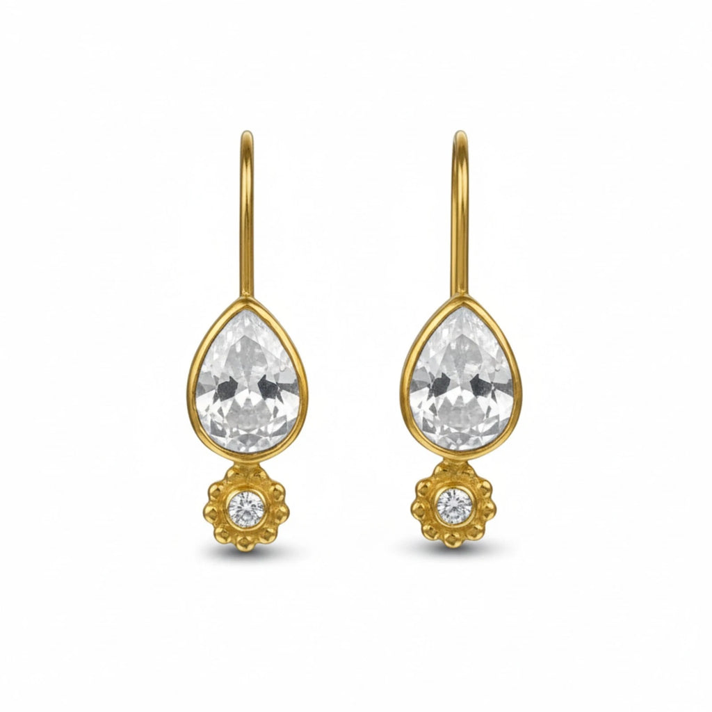 White Topaz dainty earrings handcrafted by designer Sultan in Bodrum atelier, 925 sterling silver Turkish jewelry symbolizing clarity and hope
