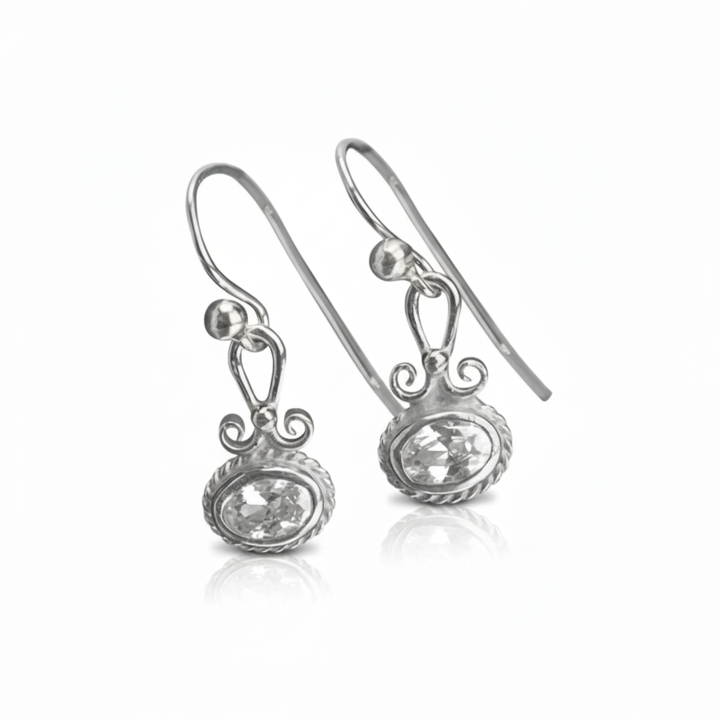 Handade White Topaz dainty earrings handcrafted by designer Sultan in Bodrum atelier, 925 sterling silver Turkish jewelry symbolizing clarity and hope
