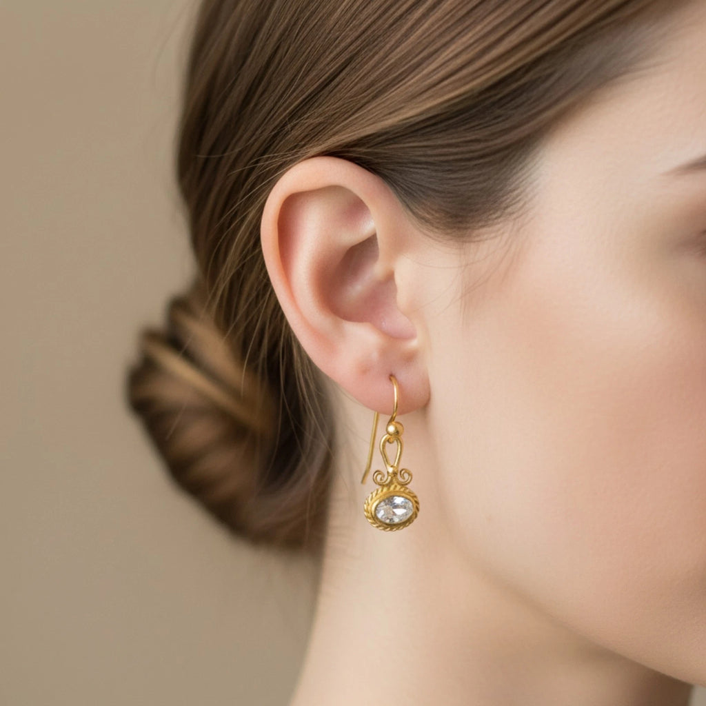 Artisan White Topaz dainty earrings with delicate design, handmade by Sultan in Bodrum, Turkish designer jewelry celebrating elegance with 925 silver

